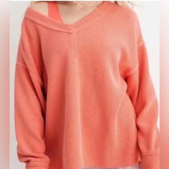 Aerie Warm Coral V-Neck Sweater - Picture 1 of 5